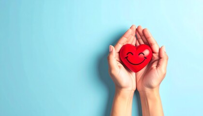 Hand presents a happy red heart character on pastel blue backdrop, vintage filter and open space.