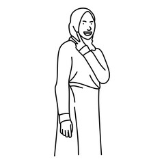 Cute line art cartoon design of a hijab women with two finger pose. Vector cartoon design