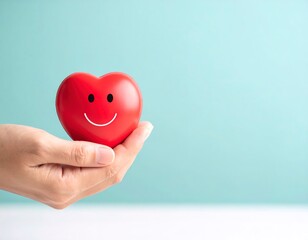 Vintage-style red heart with a smile, resting in hand, light blue background, copy space.