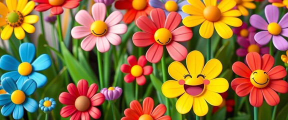Smiling cartoon flowers in vibrant colors, whimsical style, cute flowers, cheerful