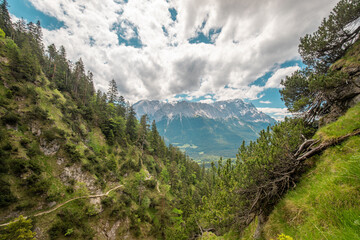 Aerial view over mountains in a forest, close to Zugspitze in Bayern, Germany
