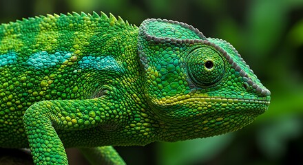 Obraz premium Vibrant Green Chameleon Close-Up: Exotic Reptile Portrait