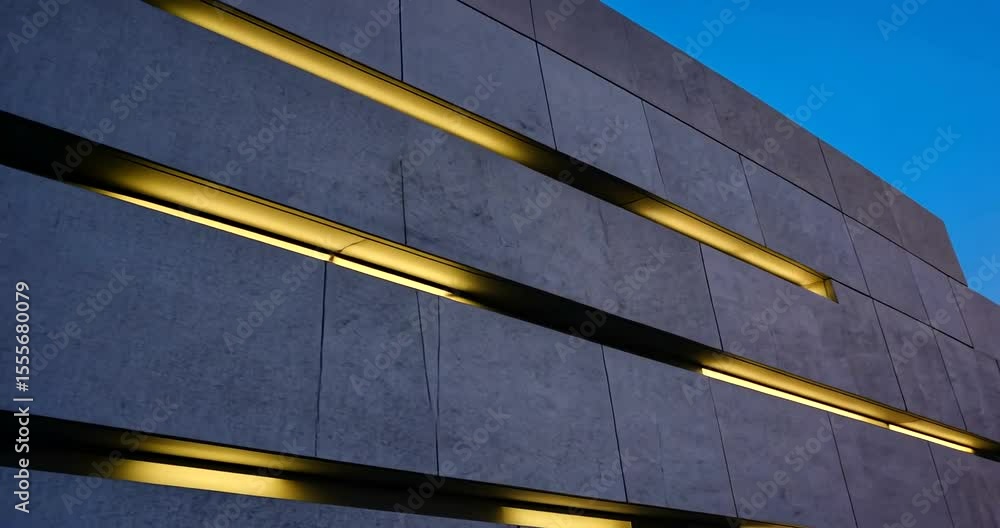 Poster modern architecture featuring a textured concrete wall with illuminated horizontal lines at dusk