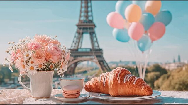 Romantic Parisian Breakfast with Fresh Croissants, Macarons, and Flower Bouquet in Front of Eiffel Tower