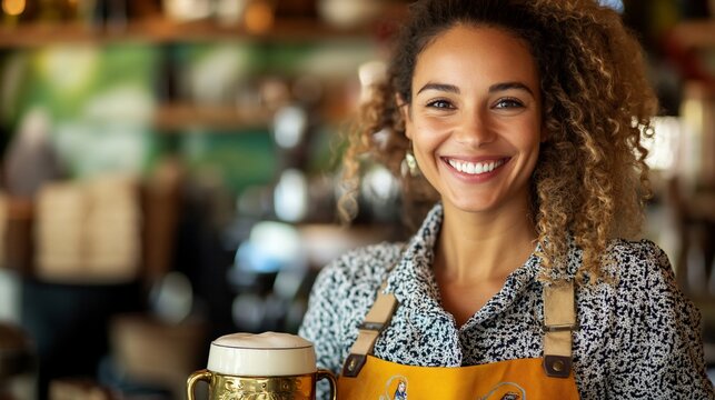 Smiling Bartender Serving Beer in a Golden Mug at Cozy Restaurant