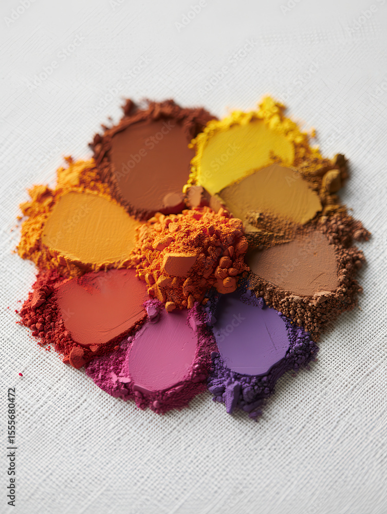 Poster A vibrant array of colorful powder pigments arranged in a circular pattern on a textured surface
