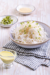 Daikon radish salad with cress and mustard and honey dressing