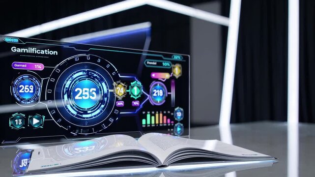 Futuristic gamification interface displaying changing numbers, percentages and progress bars, projected over an open book on a reflective surface - Powered by Adobe