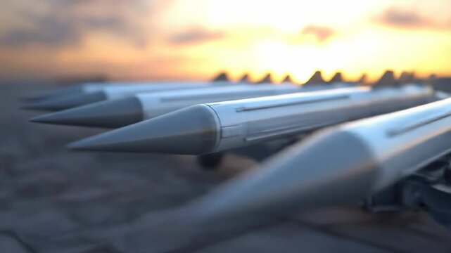 Aligned missiles point toward blurred sunset sky