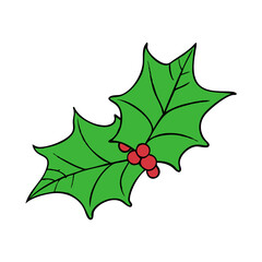 Fototapeta premium Simple cartoon illustration of holly leaves with red berries on a black background