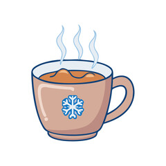 Cozy hot beverage in a snowflake mug on a cold day