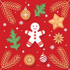 Red Christmas gingerbread background. Xmas design with winter cookies, fir branches, snowflakes and snow. Empty space for your text. Template for cards, banner, poster.
