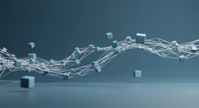 Abstract 3D network of interconnected cubes floating on a smooth surface with a wave-like structure forming a complex digital connection in a modern blue-grey studio environment