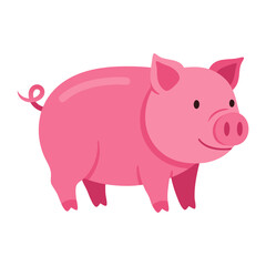 Cute Cartoon Pink Pig Flat Design Vector Illustration - Adorable Farm Animal Graphic