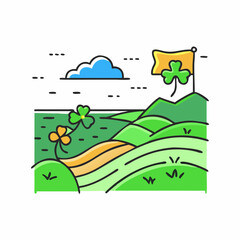 Irish landscape with clover flag and rolling hills