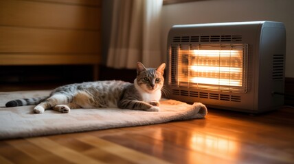 Cozy cat relaxing by heater on warm carpet in sunlit room