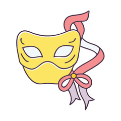 Festive yellow masquerade mask with pink ribbon and bow