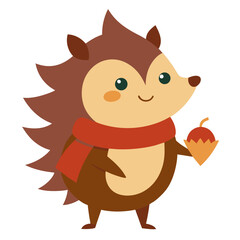 Cute cartoon hedgehog wearing a red scarf and holding an acorn