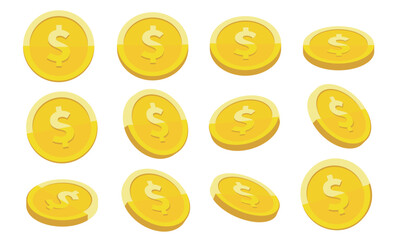 Gold coin with dollar sign rotation vector illustration set isolated on white background. Business and finance concept design element. Gold coins of different shapes. Dollar coins rotating