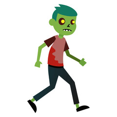 Cartoon zombie walking with green skin and yellow eyes wearing a t shirt and pants