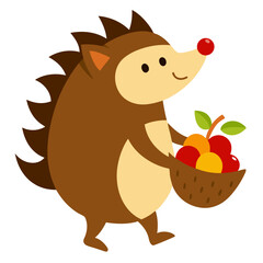 Cute cartoon hedgehog carrying a basket full of colorful fruits and berries