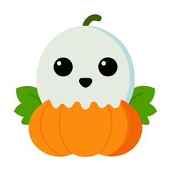 Cute cartoon ghost emerging from a pumpkin with green leaves