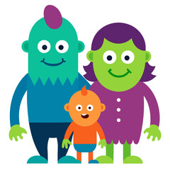 Cute cartoon monster family with parents and baby on white background