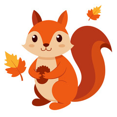 Cute cartoon squirrel holding a nut with autumn leaves falling around it