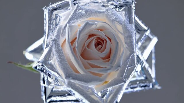 Delicate white rose encased in crystalline ice gradually fracturing, scattering pristine frozen fragments against monochromatic gray backdrop, revealing intricate patterns of destruction and beauty