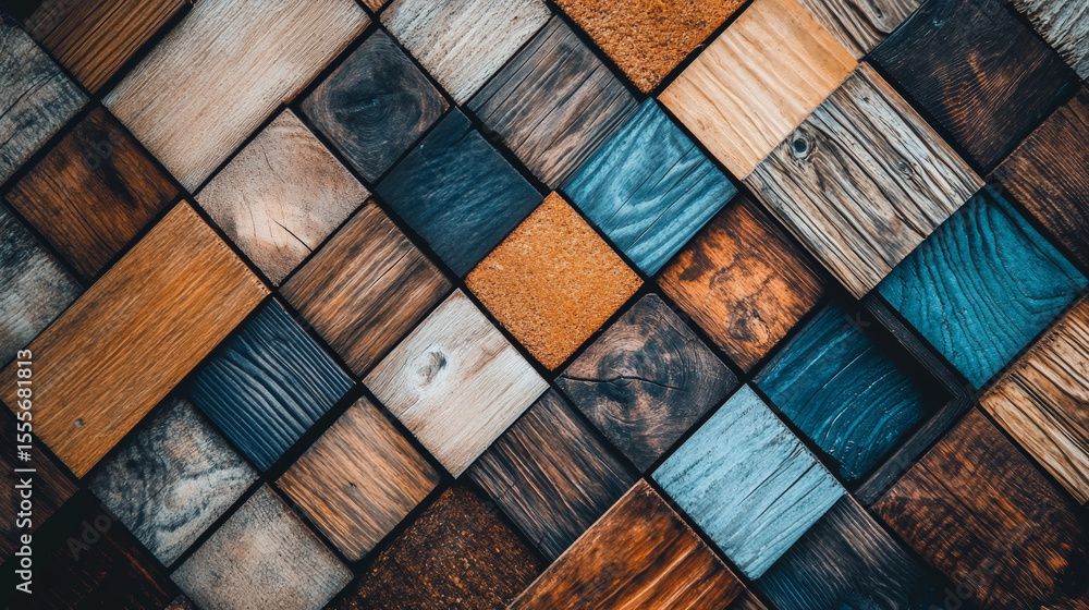 Poster unique wooden squares form a captivating mosaic pattern. this textured background showcases diverse 