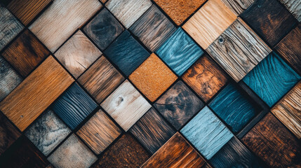 Unique wooden squares form a captivating mosaic pattern. This textured background showcases diverse wood grains and colors.