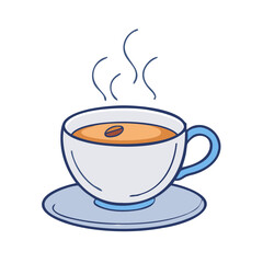 Steaming cup of coffee with a single coffee bean on a saucer