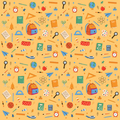 Colorful seamless pattern with scattered school supplies or stationery for education on white background