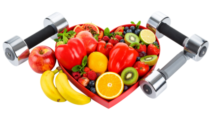Healthy Heart with Fruits and Fitness on White Background
