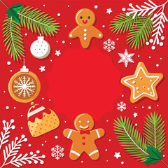 Red Christmas gingerbread background. Xmas design with winter cookies, fir branches, snowflakes and snow. Empty space for your text. Template for cards, banner, poster.
