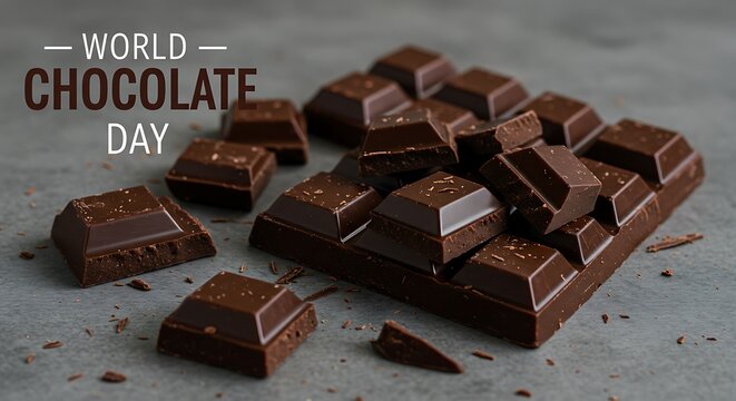 Dark chocolate pieces artfully arranged on a gray surface, with the words world chocolate day subtly incorporated into the image