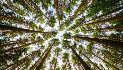 Obraz premium Upward view of tall forest trees, vibrant green canopy above with light peeking through.