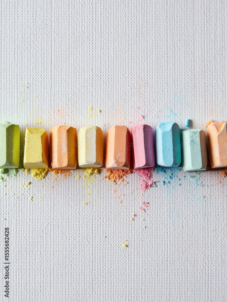 Aufkleber a row of colorful chalk sticks on a textured white surface with chalk dust around them in a close up
