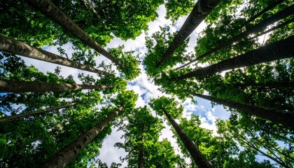 Looking up at lush green tree tops in a dense forest, sunlight filtering through the leaves.