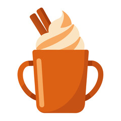Cozy autumn drink with whipped cream and cinnamon sticks in orange mug