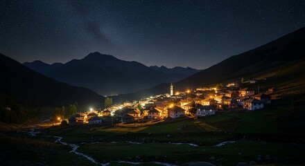 A nighttime scene of a small village