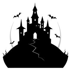 Silhouette of a spooky haunted castle on a hill with bats flying around