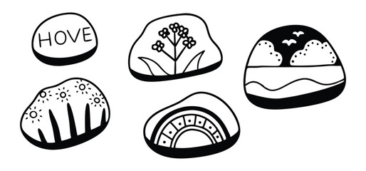 Decorative collection of five hand drawn black and white themed illustrations featuring stones with floral and nature designs.