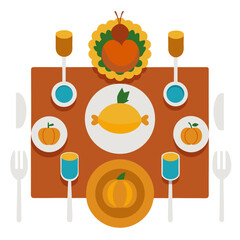 Festive thanksgiving dinner table setting with pumpkins and festive decorations
