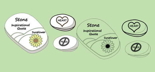 Decorative stones featuring an inspirational quote, sunflower, heart symbol, and peace design on a pastel green background