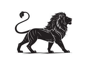 Black silhouette of a lion in side view with curled tail, bold and strong flat vector style, powerful wild animal symbol in simple graphic form, isolated PNG on white background


