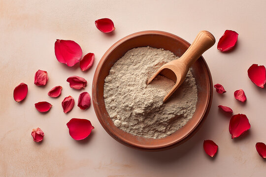 Multani mitti in clay bowl with wooden spatula and rose petals