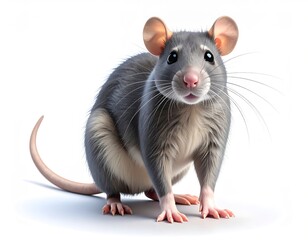 Playful cartoon rat in 3D with long tail and expressive face, full-body view.