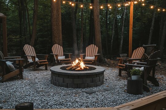 Cozy Outdoor Fire Pit Area with Wooden Adirondack Chairs and String Lights in Forest Setting
