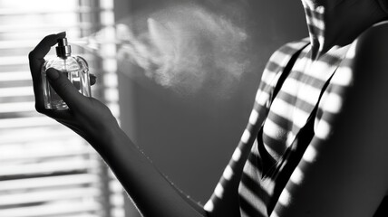 Female adult applying perfume indoors with sunlight patterns